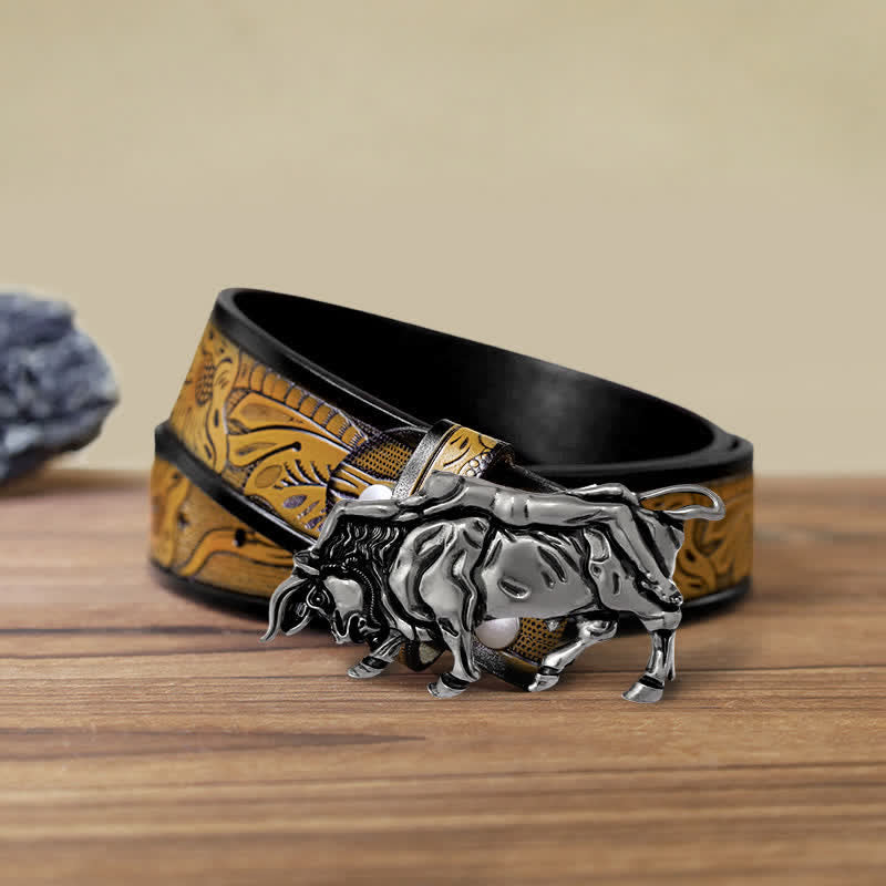 Ceinture en cuir véritable avec boucle en forme de taureau argenté pour homme