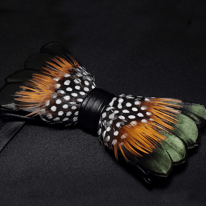 Noeud papillon vintage en plumes vert forêt et orange pour enfant avec épingle à revers