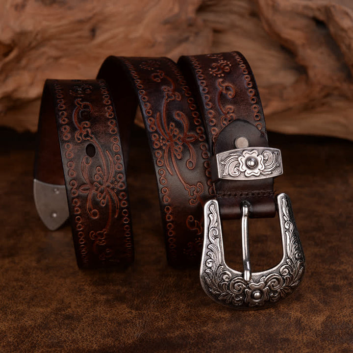 Ceinture unisexe en cuir à imprimé floral et texture rustique
