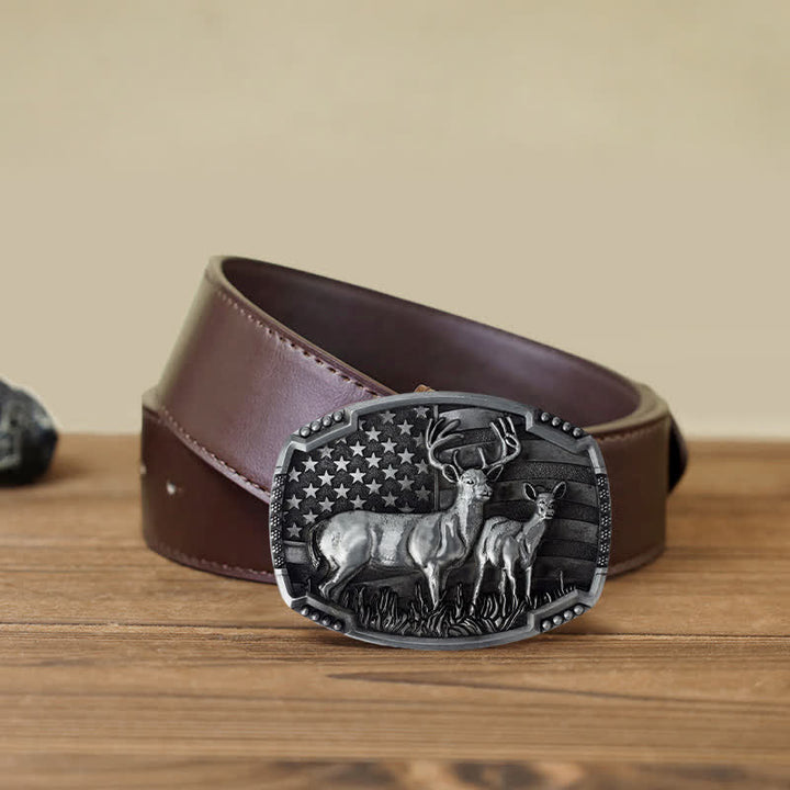 Ceinture en cuir à boucle drapeau américain pour homme avec motif de chasseur de cerfs