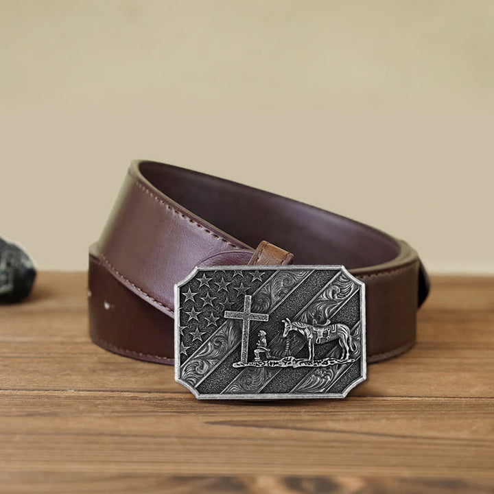 Ceinture en cuir à boucle de cheval avec croix de prière et drapeau américain pour homme