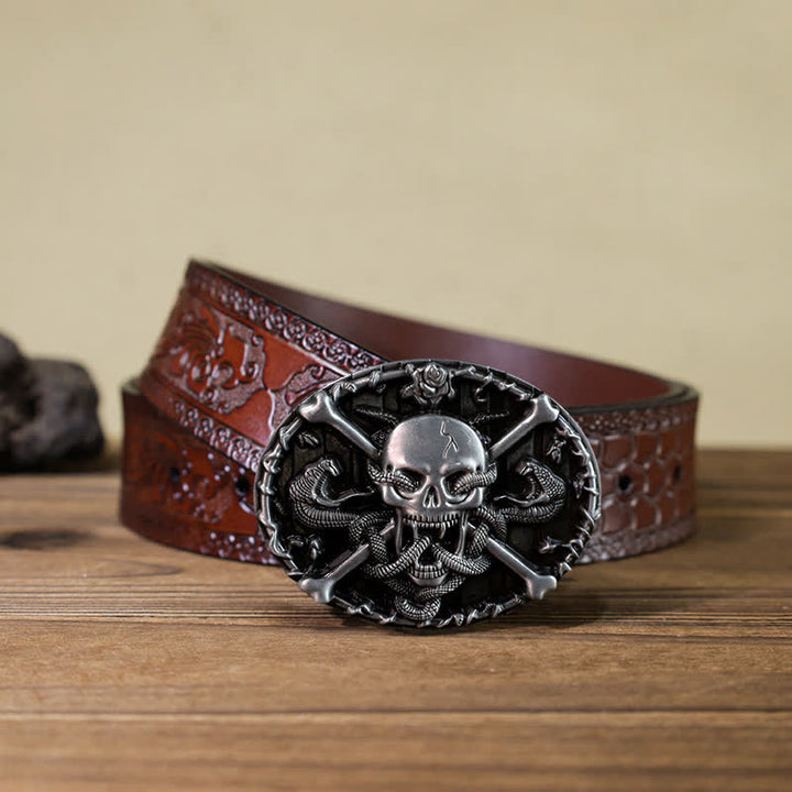 Ceinture en cuir à boucle serpent gothique pour homme avec tête de mort et croix