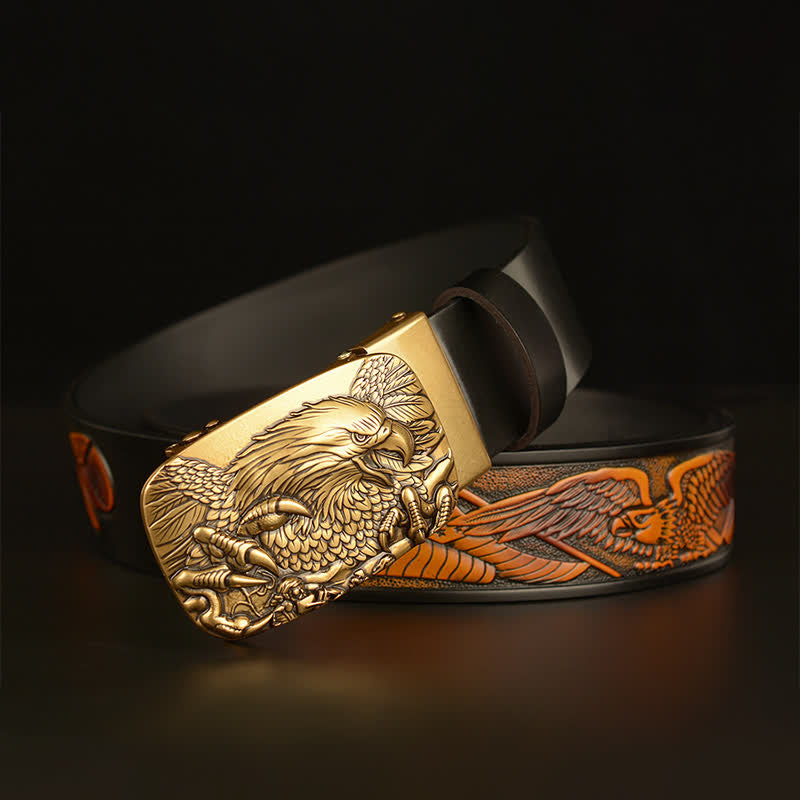 Ceinture en cuir à boucle automatique vintage pour homme avec ailes d'aigle