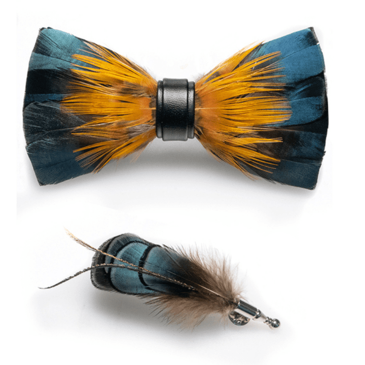 Nœud papillon en plumes de martin-pêcheur vert forêt et jaune avec épingle à revers