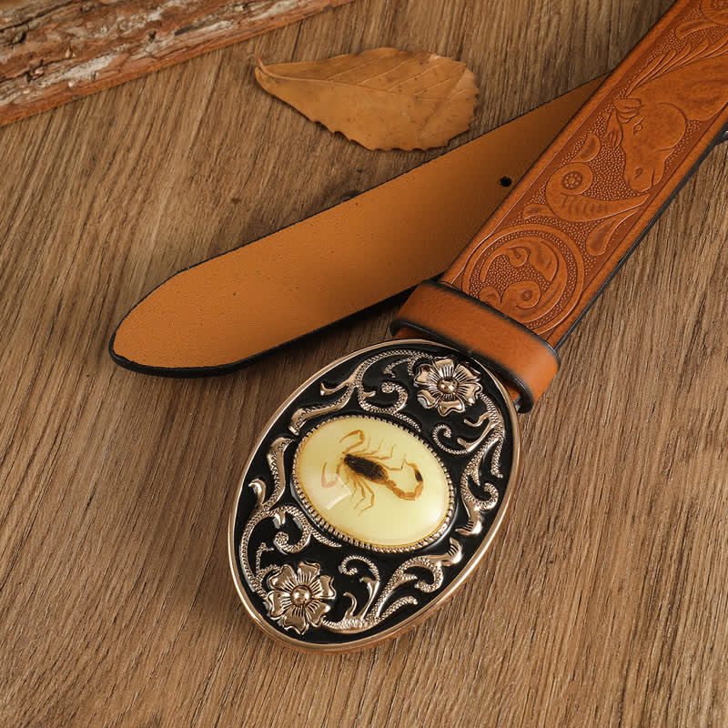 Ceinture en cuir à boucle pour homme avec motif animal, scorpion et fleur