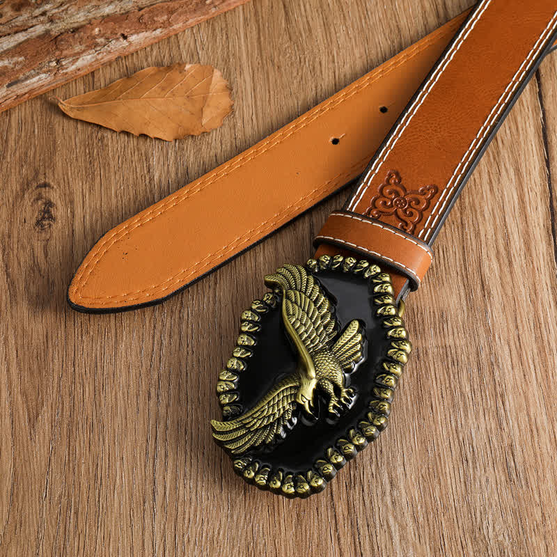 Ceinture en cuir pour homme avec motif d'aigle en or antique et faucon planant