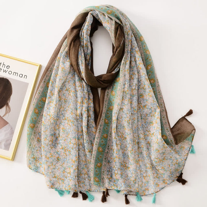 Écharpe fine à pompon et motif papillons floraux pour femme