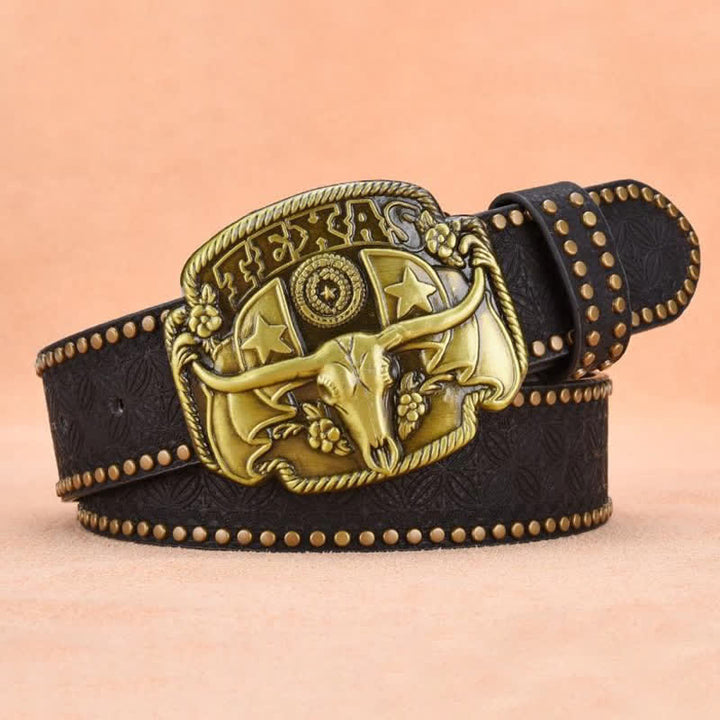 Ceinture en cuir à rivets style bœuf Longhorn antique pour homme