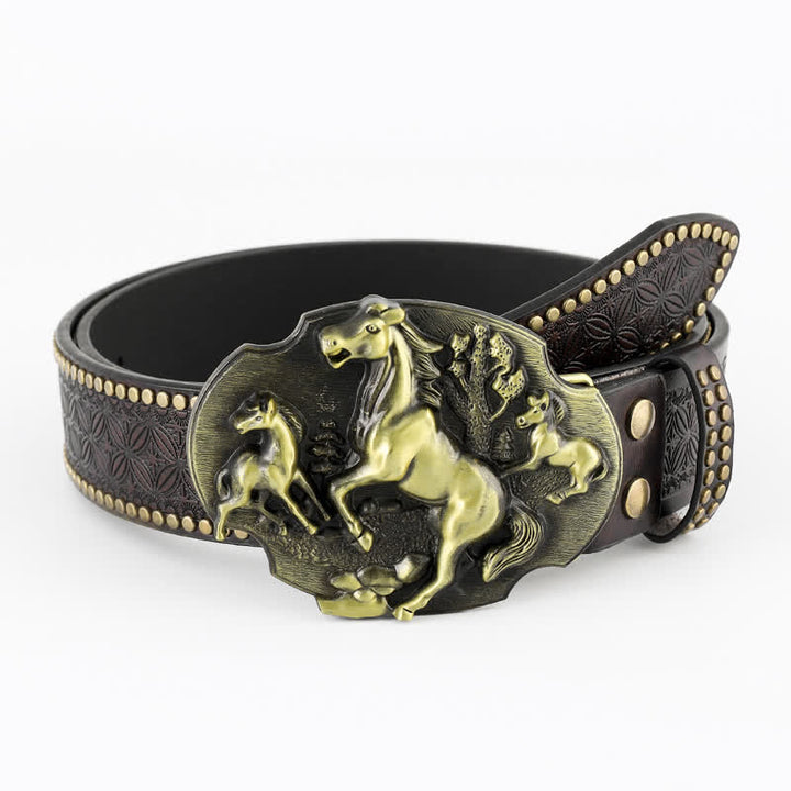 Ceinture en cuir gaufré pour homme, motif « Un troupeau de chevaux »