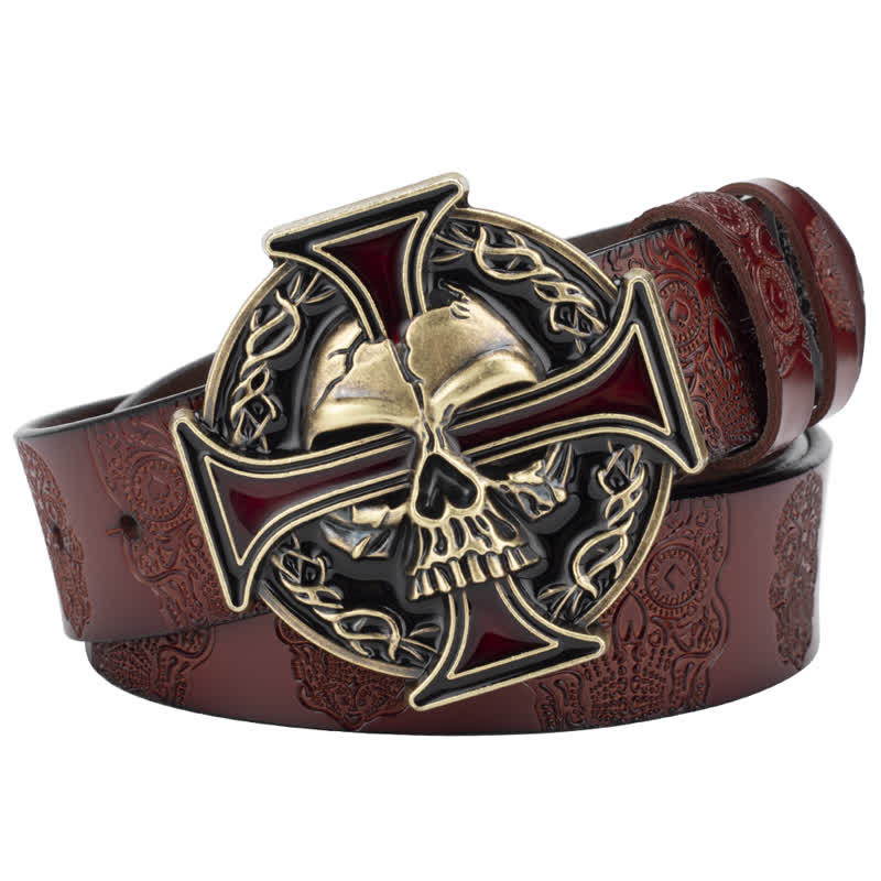 Ceinture en cuir à motif tête de mort en relief pour homme