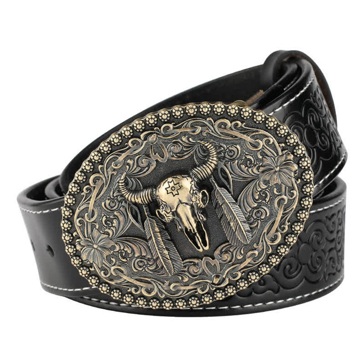 Ceinture en cuir pour homme avec plumes gravées et motif taureau