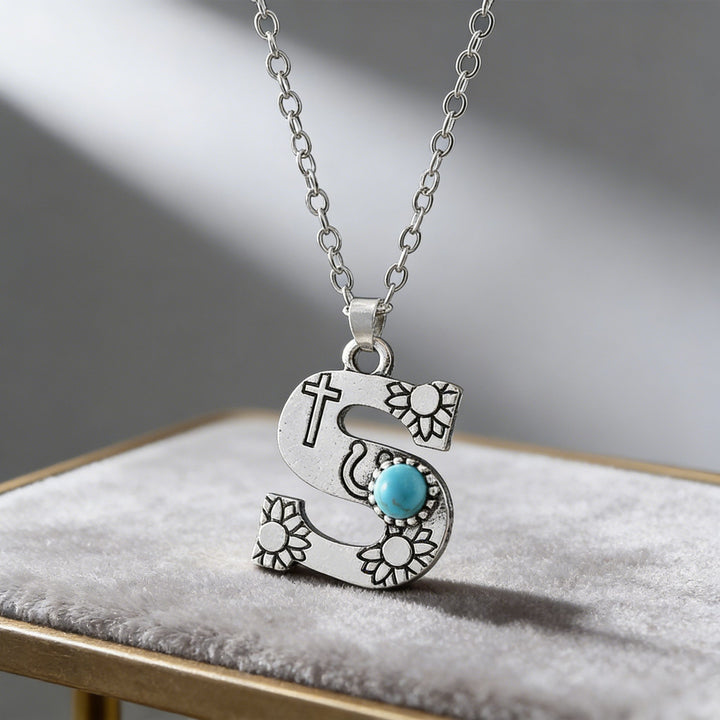 Collier vintage avec pendentif turquoise et initiale - S - image 21