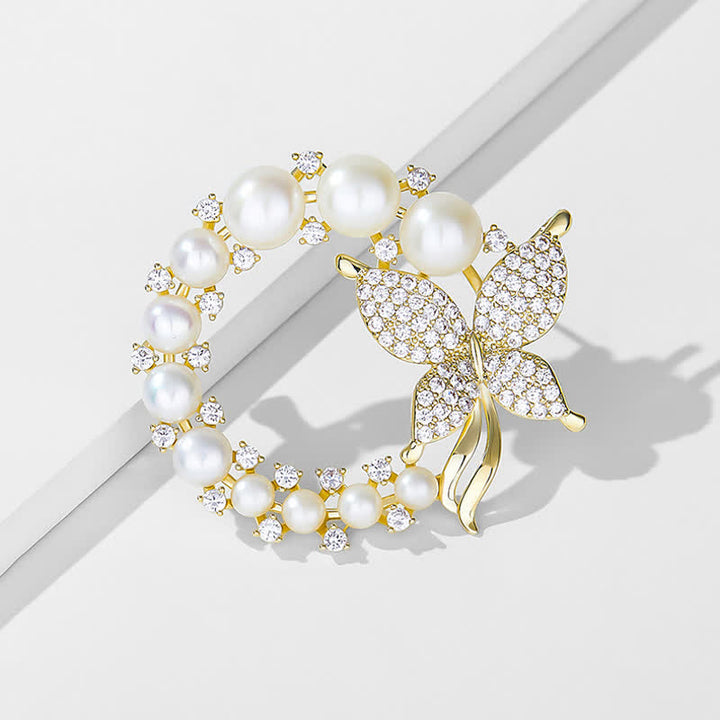 Broche couronne de perles papillon doré pour femme