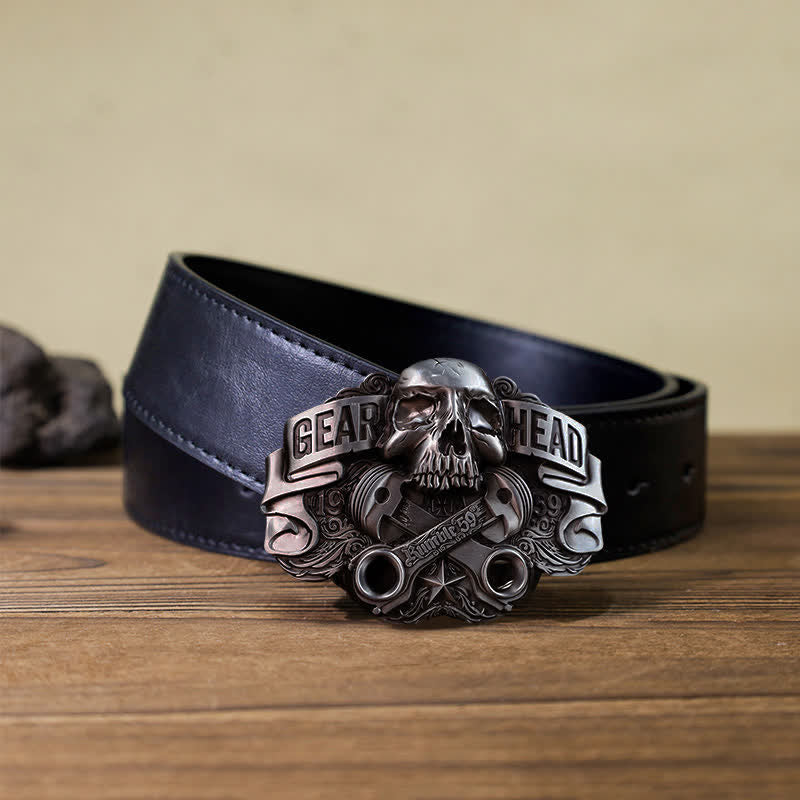 Ceinture en cuir à boucle tête de mort pour homme avec tête de piston et tête de mort