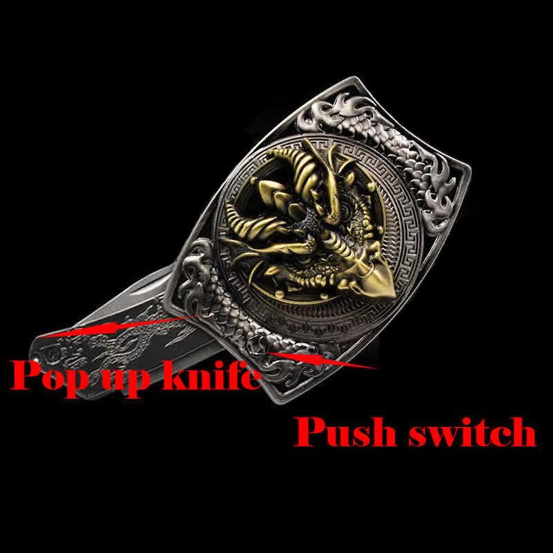 Ceinture en cuir pour homme avec couteau pliant caché et dragon à bec pointu