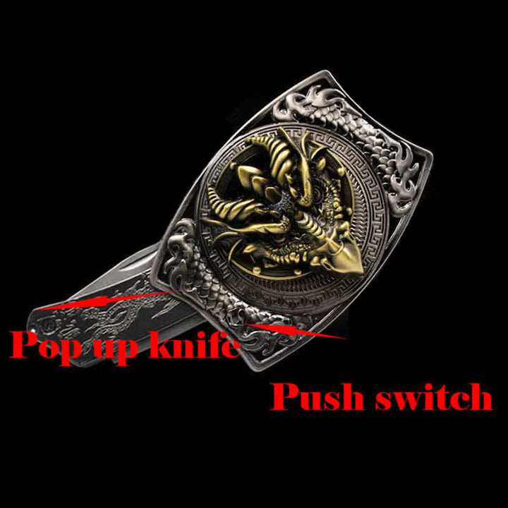 Ceinture en cuir pour homme avec couteau pliant caché et dragon à bec pointu