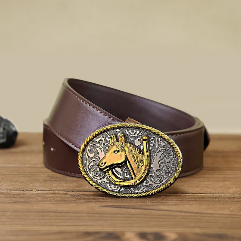 Ceinture en cuir à boucle en forme de fer à cheval doré pour homme