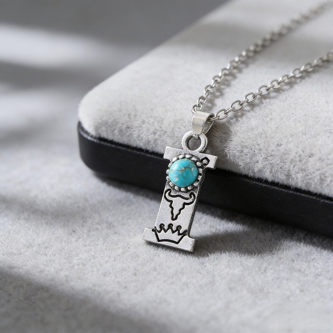 Collier vintage avec pendentif turquoise et initiale - I - image 10