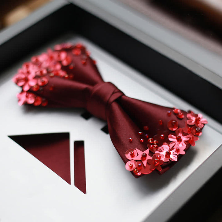 Pochette de costume à paillettes pour homme avec nœud papillon fleuri