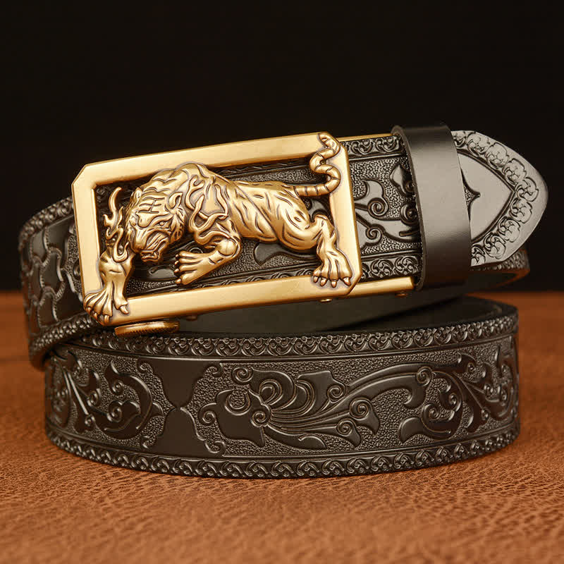 Ceinture en cuir à motif floral en relief avec boucle tigrée pour homme