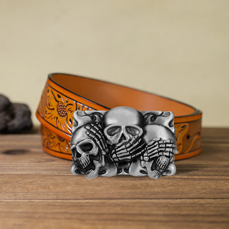 Ceinture en cuir à boucle pour homme avec tête de mort et rire horrible