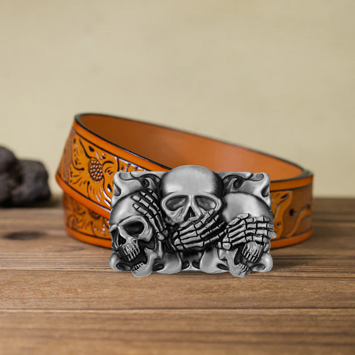 Ceinture en cuir à boucle pour homme avec tête de mort et rire horrible