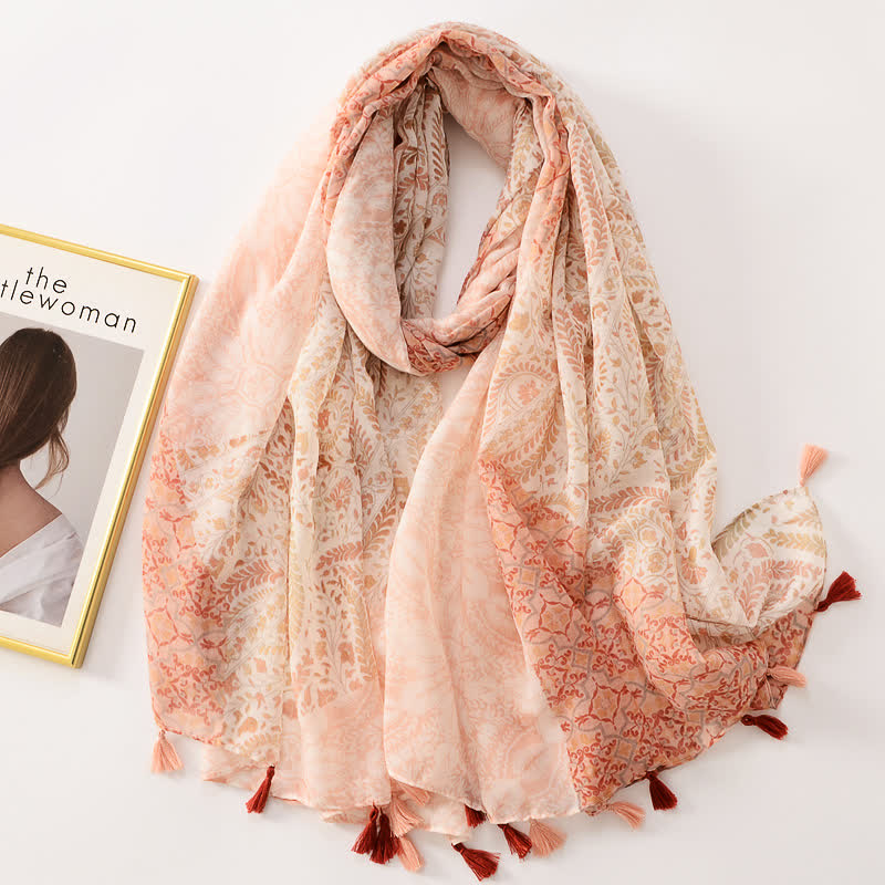 Écharpe fine à pompon et motif papillons floraux pour femme