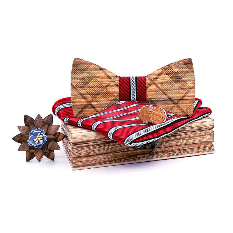 Lot de 4 nœuds papillon en bois à carreaux classiques pour hommes