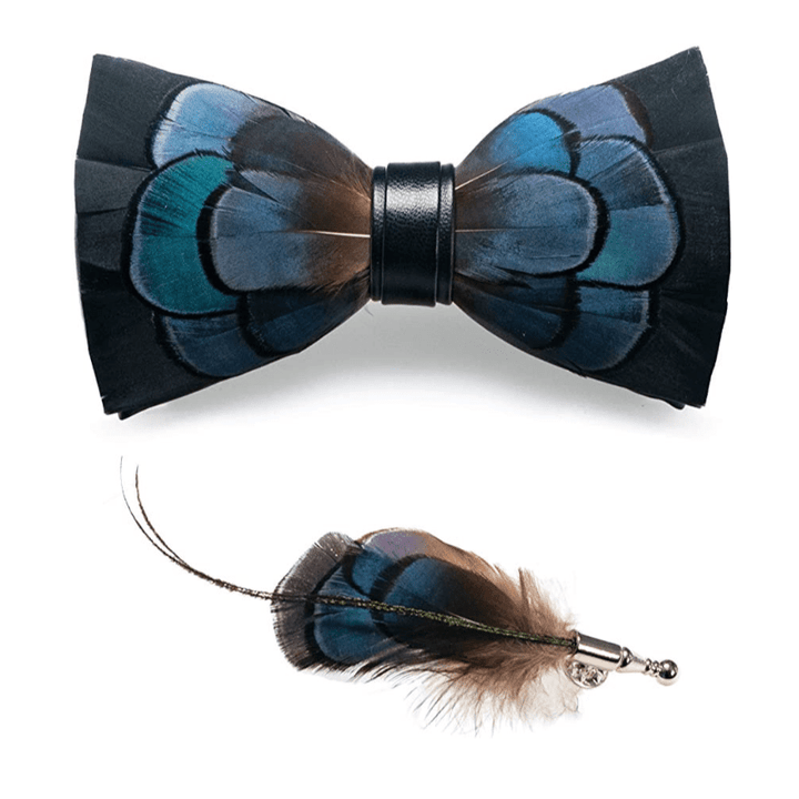 Nœud papillon en plumes noir et vert avec épingle à revers