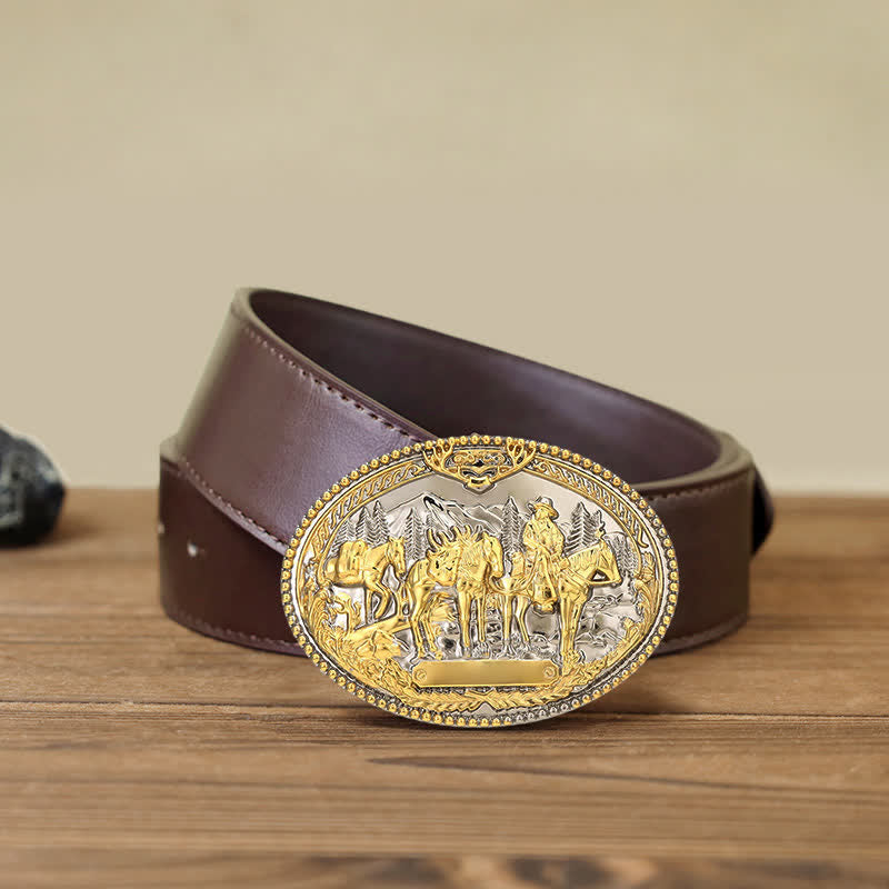 Ceinture en cuir à boucle pour homme avec motif de cheval de cow-boy