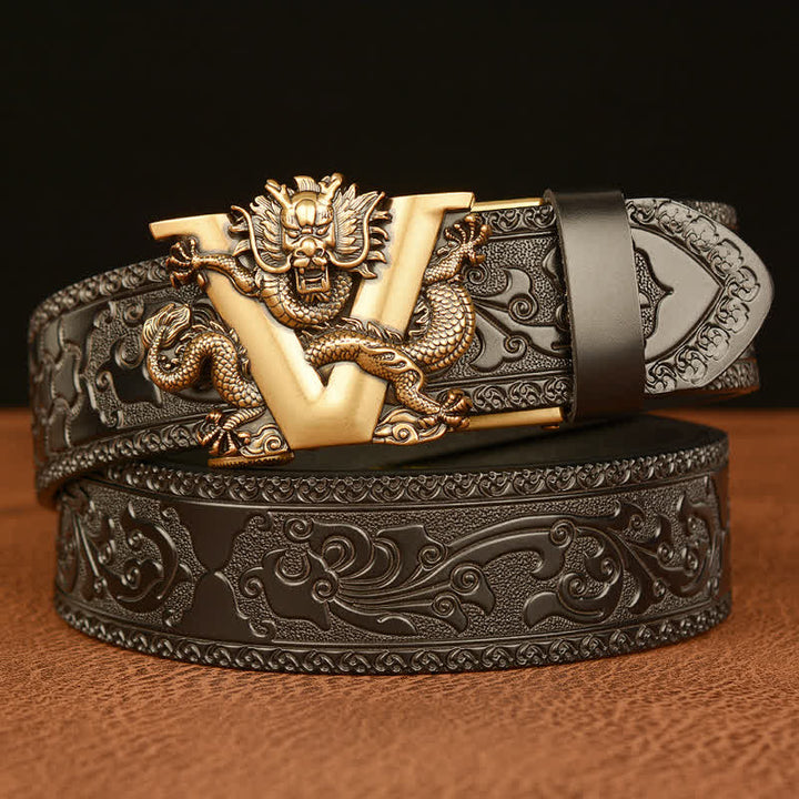 Ceinture en cuir avec motif dragon en relief et lettre V pour homme
