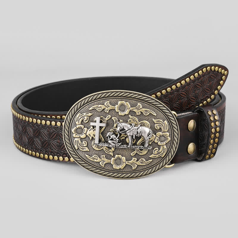 Ceinture en cuir à boucle ovale pour homme avec motif de cheval croisé