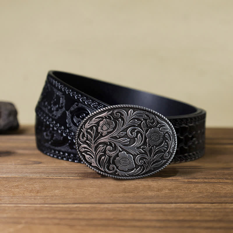 Ceinture en cuir à boucle ovale classique à motif floral pour homme