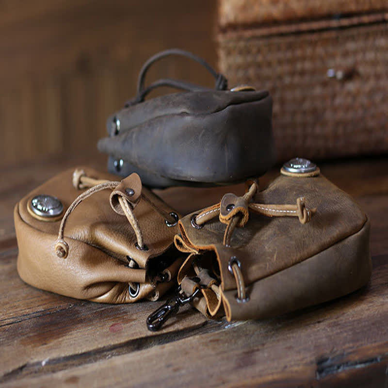 Petit portefeuille, porte-monnaie, sac ceinture en cuir avec cordon de serrage