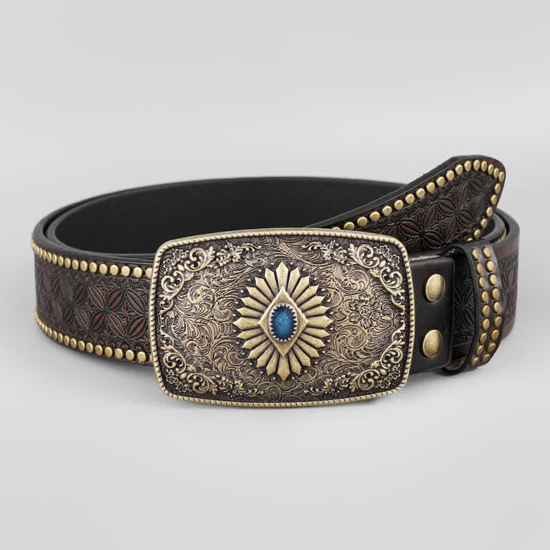 Ceinture en cuir gravé de fleurs rétro pour homme