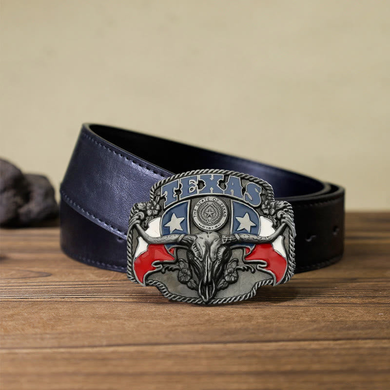 Ceinture en cuir à boucle pour homme avec drapeau du Texas Longhorn Bull