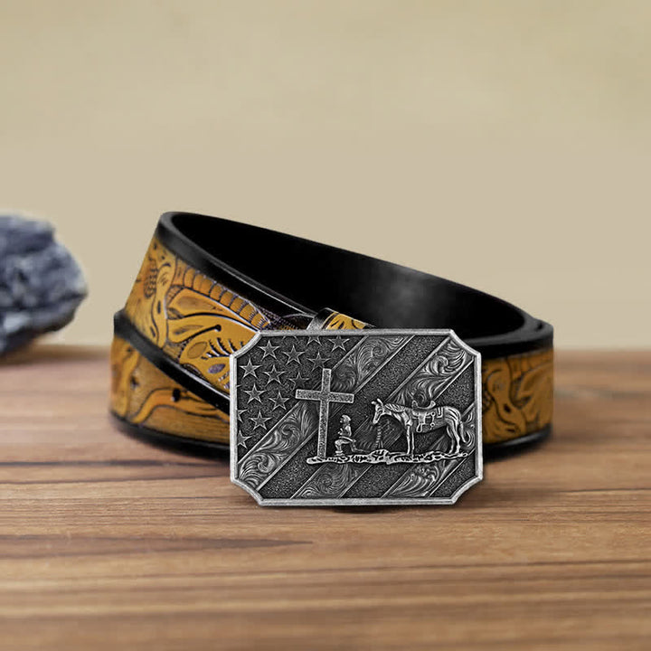 Ceinture en cuir à boucle de cheval avec croix de prière et drapeau américain pour homme