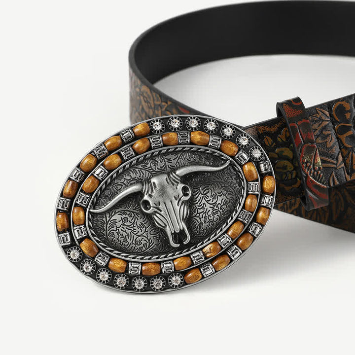 Ceinture en cuir pour homme avec perles en bois sculptées et tête de taureau