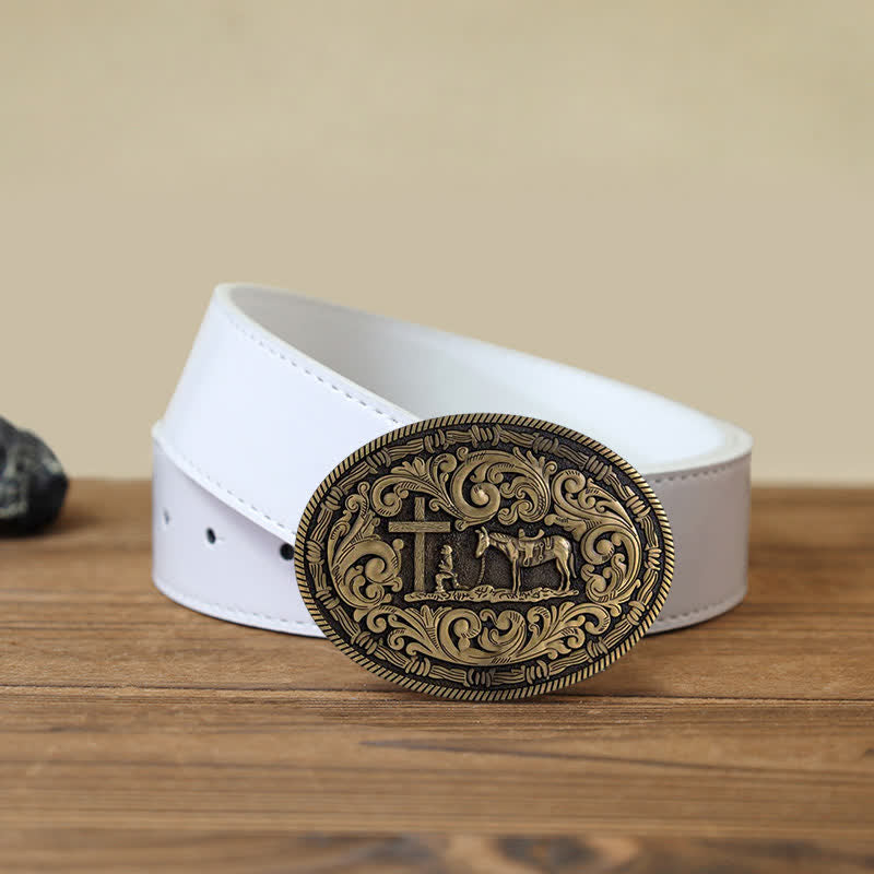 Ceinture en cuir à boucle ovale pour homme avec motif cowboy priant