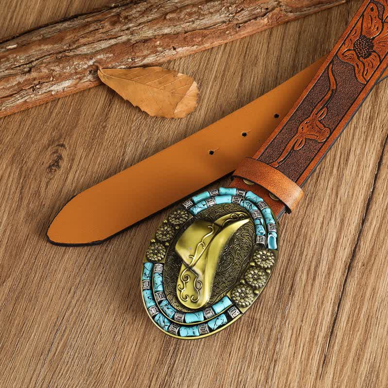 Ceinture en cuir avec chapeau de cowboy doré pour homme et décor turquoise