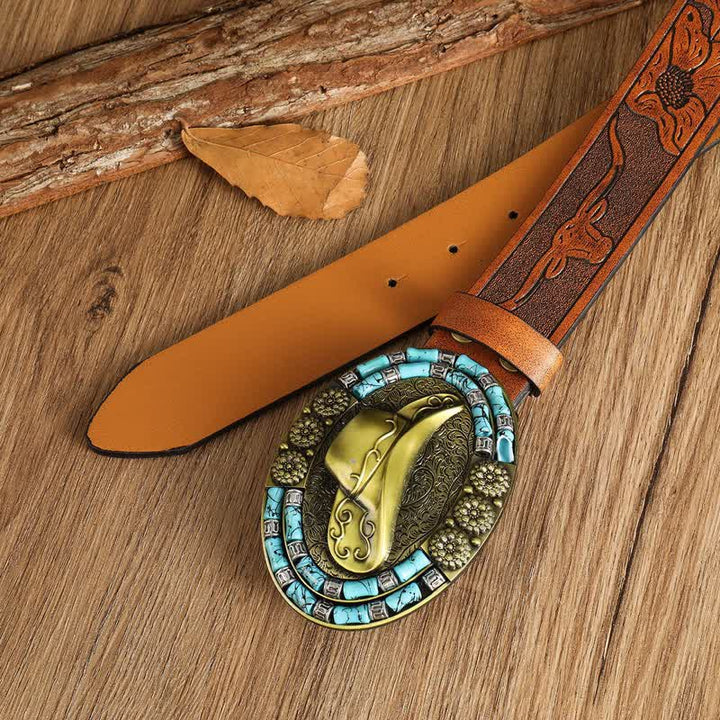 Ceinture en cuir avec chapeau de cowboy doré pour homme et décor turquoise