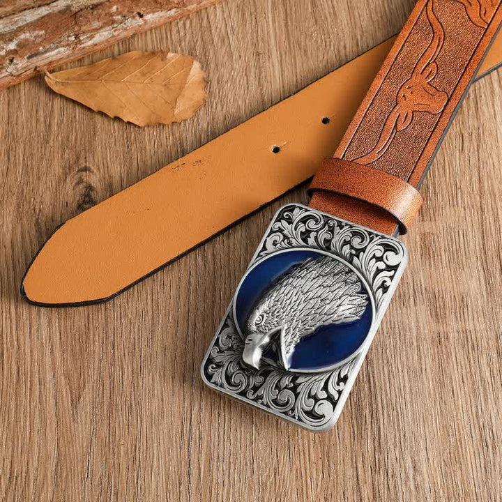 Ceinture rectangulaire en cuir western pour homme avec tête d'aigle à tête blanche