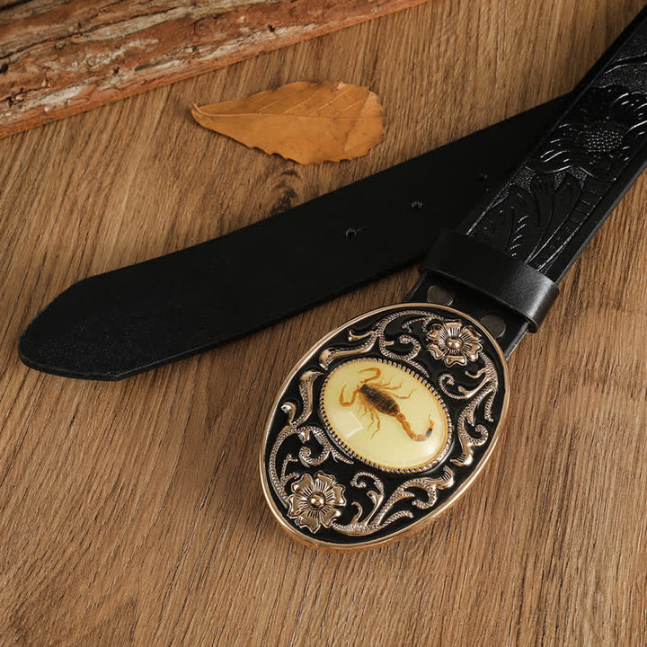 Ceinture en cuir à boucle pour homme avec motif animal, scorpion et fleur