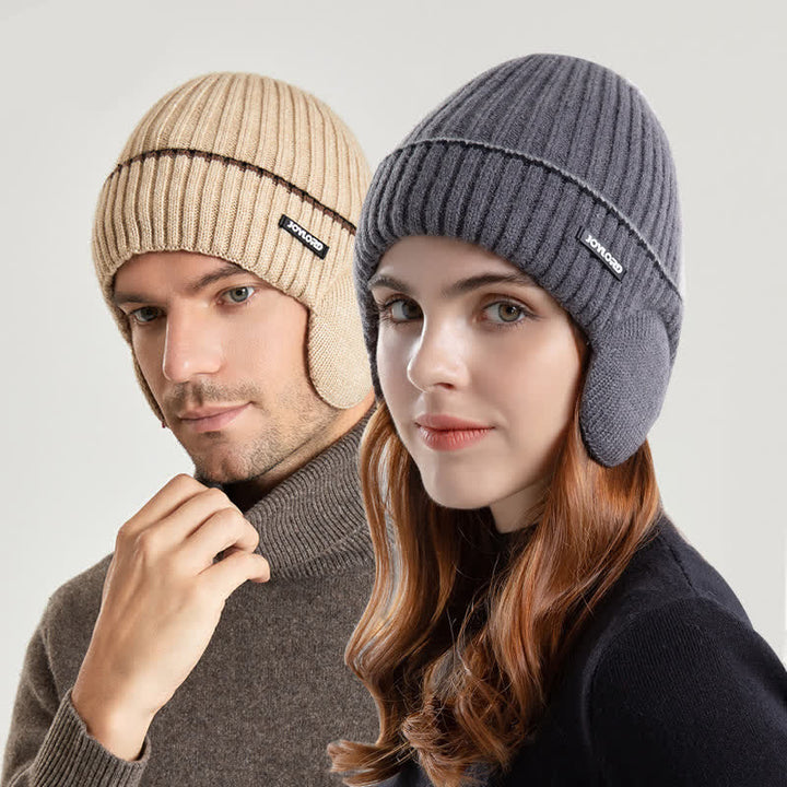 Bonnet unisexe en tricot épais et élastique avec cache-oreilles de couleur unie