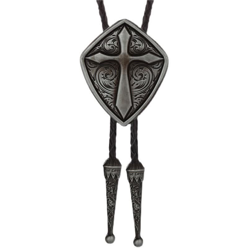 Cravate Bolo en forme de croix et de bouclier romain gravée à l'ancienne