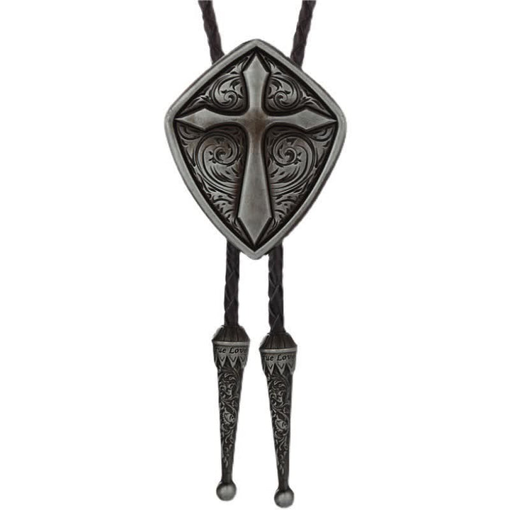 Cravate Bolo en forme de croix et de bouclier romain gravée à l'ancienne