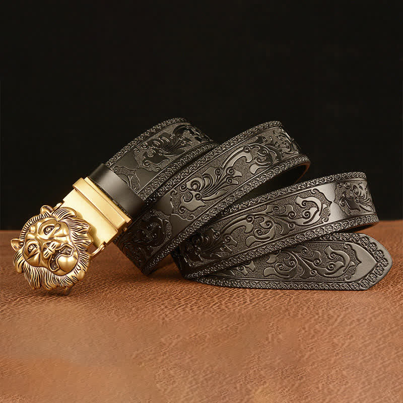 Ceinture en cuir pour homme avec tête de lion sculptée en 3D