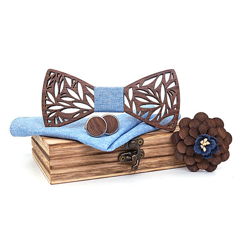 Lot de 4 nœuds papillon en bois à motif de feuilles creuses pour homme