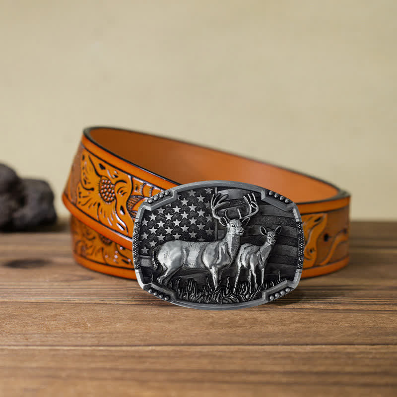 Ceinture en cuir à boucle drapeau américain pour homme avec motif de chasseur de cerfs