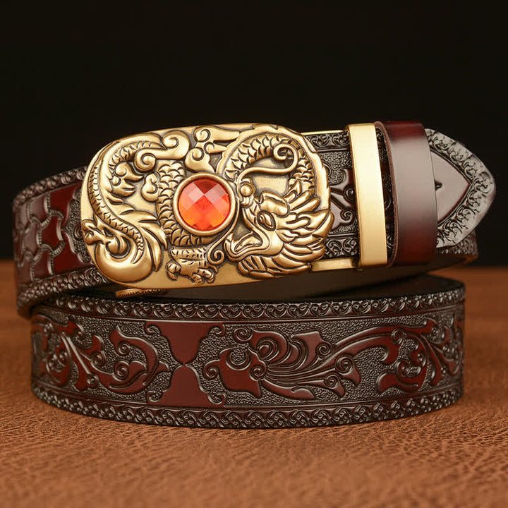 Ceinture en cuir pour homme avec pierre précieuse gravée en forme de dragon